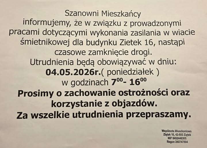 Utrudnienia, zamknięta droga w Ziętku