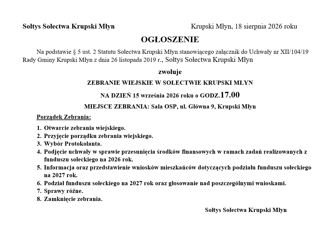 Zebranie Wiejskie - sołectwo Krupski Młyn