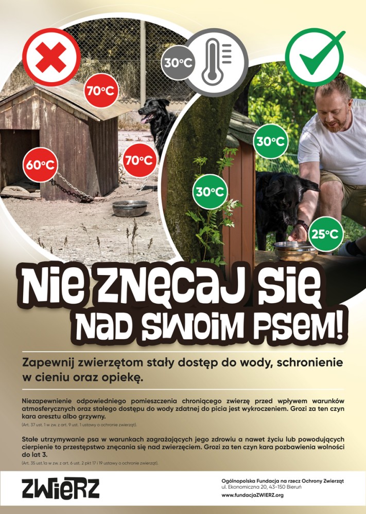 Plakat przedstawia po lewej złe warunki opieki i ochrony zwierząt domowych oraz po prawej dobre warunki takiej opieki. 