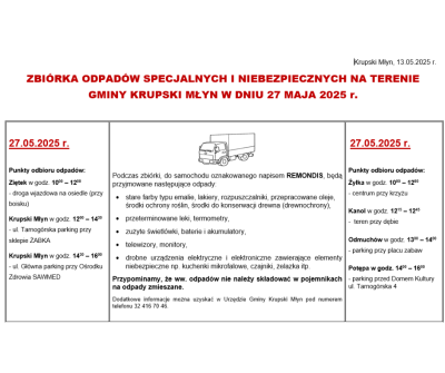 Zbiórka odpadów specjalnych na terenie Krupskiego Młyna Zbiórka odpadów specjalnych na terenie Krupskiego Młyna