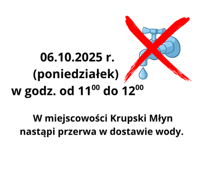 Przerwa w dostawie wody w miejscowości Krupski Młyn