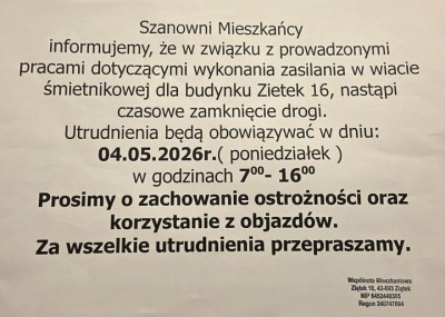 Utrudnienia, zamknięta droga w Ziętku