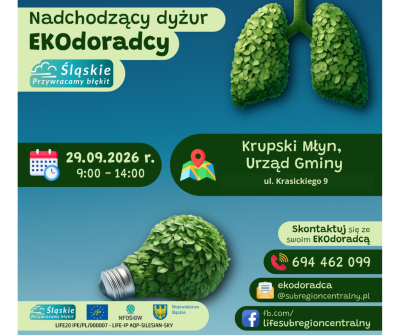 Zapraszamy serdecznie na nadchodzący dyżur Ekodoradcy, który odbędzie się we wtorek, 29 września 2026 r. w godzinach 9:00 – 14:00.