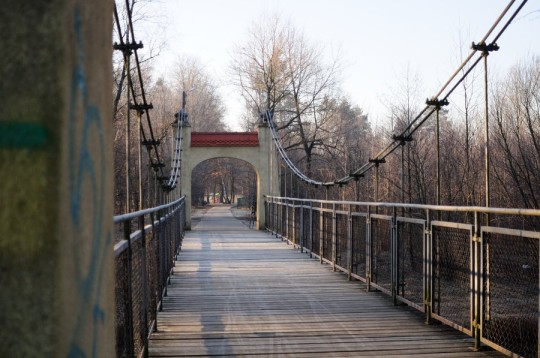 Na pierwszy planie most wiszący, drewniane belki, łuki na obydwu końcach mostu. W tle ścieżka w głąb parku, drzewa w jesienno-zimowej scenerii.