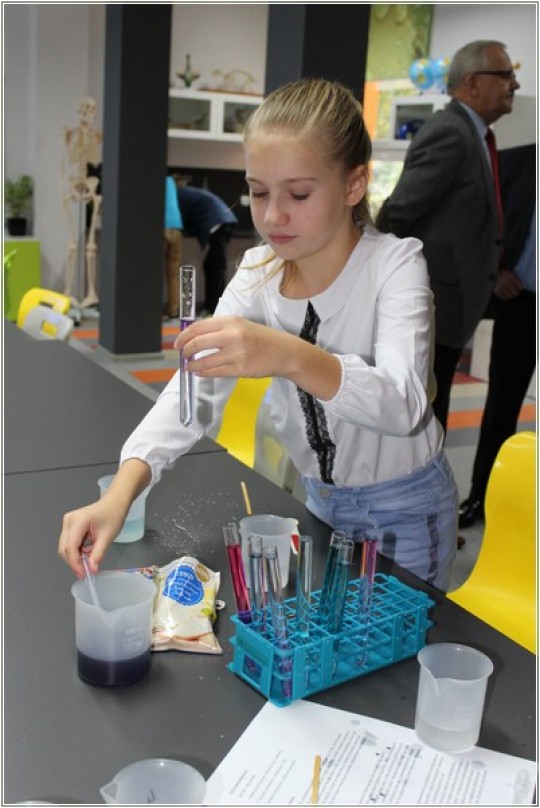 Na pierwszym planie dziewczynka przeprowadzająca eksperyment, probówki z kolorowymi płynami, ustawione w stojaku. Zlewki na stole.