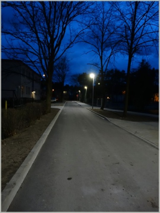 Droga asfaltowa w nocy. W oddali lampa drogowa.