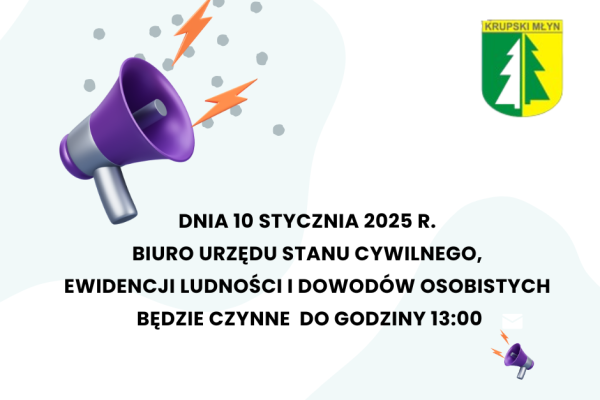 Zmiana godzin pracy biura Urzędu Stanu Cywilnego, Ewidencji Ludności i Dowodów Osobistych