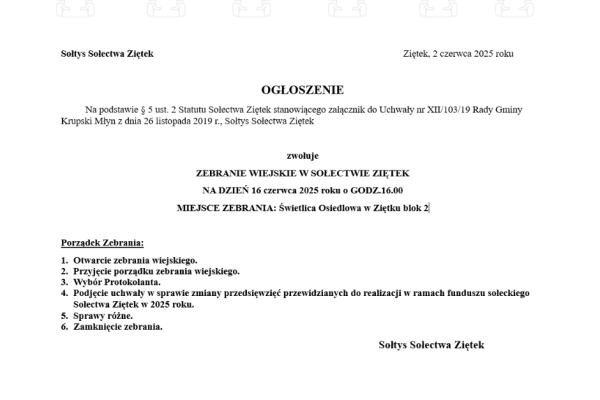 Zebranie Wiejskie  - sołectwo Ziętek