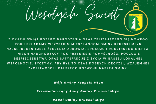 Życzenia dla Mieszkańców od Wójta Gminy i Przewodniczącego Rady Gminy oraz Radnych Gminy Krupski Młyn