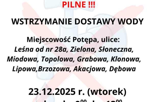  Informacja o przerwie w dostawie wody w miejscowości Potępa