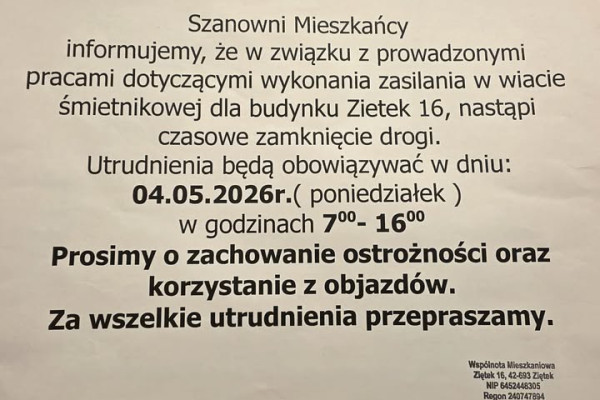 Utrudnienia, zamknięta droga w Ziętku