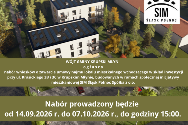 Nabór wniosków o zawarcie umowy najmu lokalu mieszkalnego wchodzącego w skład inwestycji przy ul. Krasickiego 3B i 3C w Krupskim Młynie