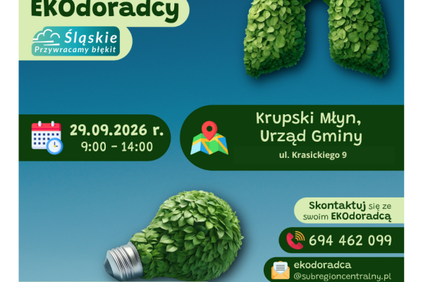 Zapraszamy serdecznie na nadchodzący dyżur Ekodoradcy, który odbędzie się we wtorek, 29 września 2026 r. w godzinach 9:00 – 14:00.